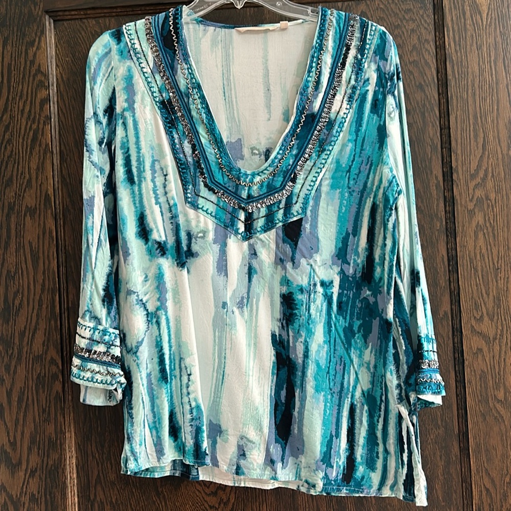 Soft Surroundings beaded, sequined and embroidered blue tunic.  S